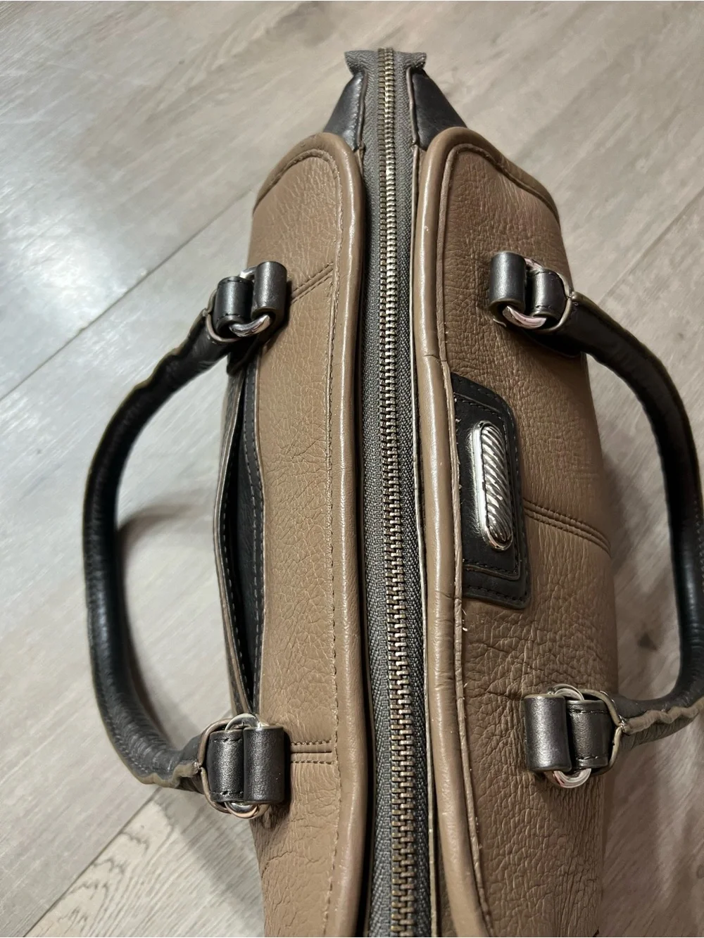 Classic Taupe Leather Briefcase with Black Trim